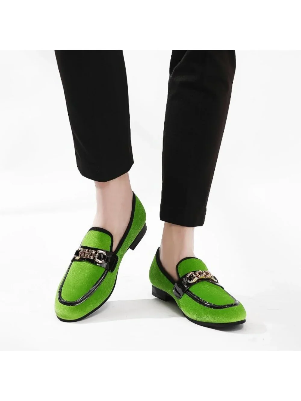 Men's Velvet Slip-On Loafers with Gold Chain Detail - Stylish Smoking Flats